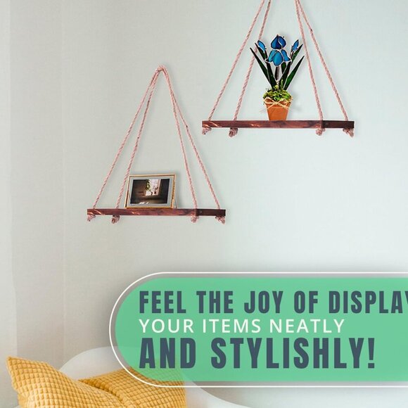 Hanging Shelves for Wall - Set of 2 – Rustic Farmhouse Boho Shelves with String– - Picture 5 of 7